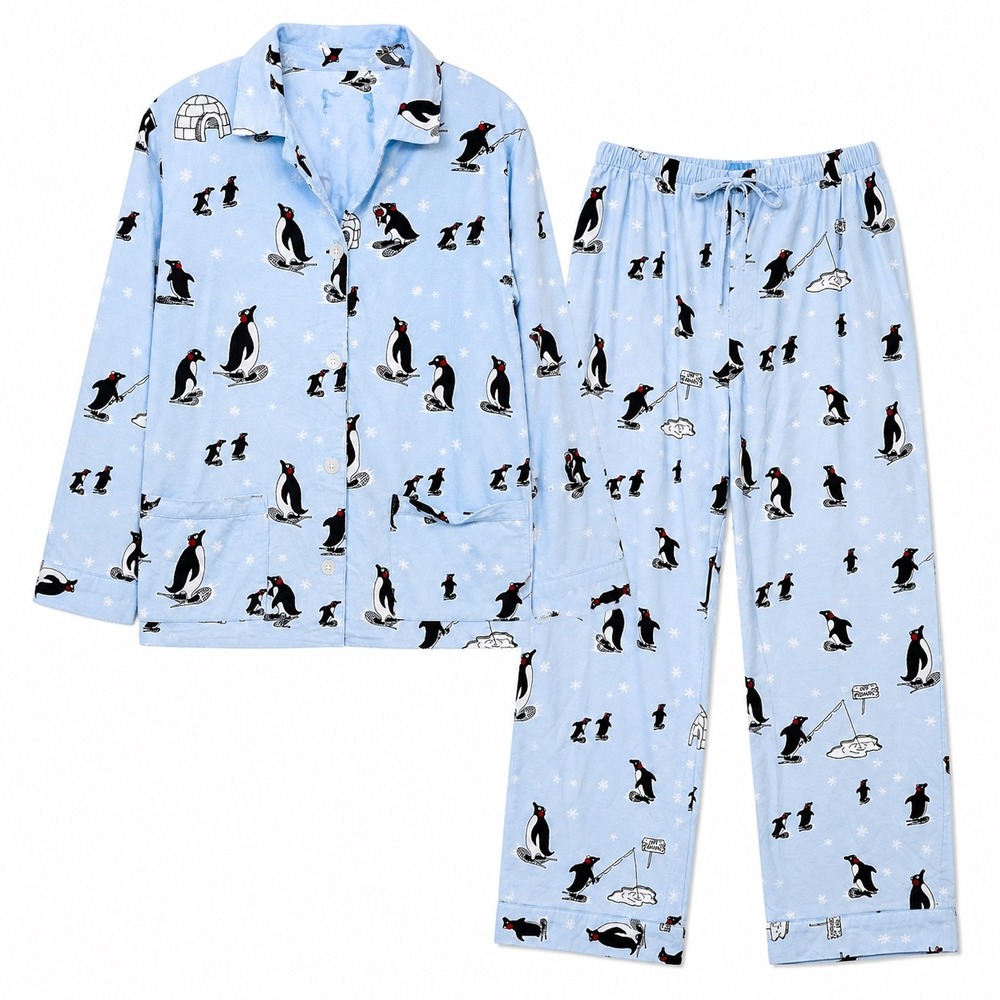 Nick & Nora Pajama Set Blue Penguin Flannel Winter Sleepwear Womens Medium